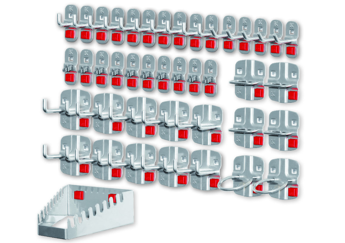 Das 42-teilige ®RasterPlan/ABAX Werkzeughalter-Sortiment von Kappes bietet flexible, werkzeuglose Montage und sichere Handhabung für effiziente Organisation.