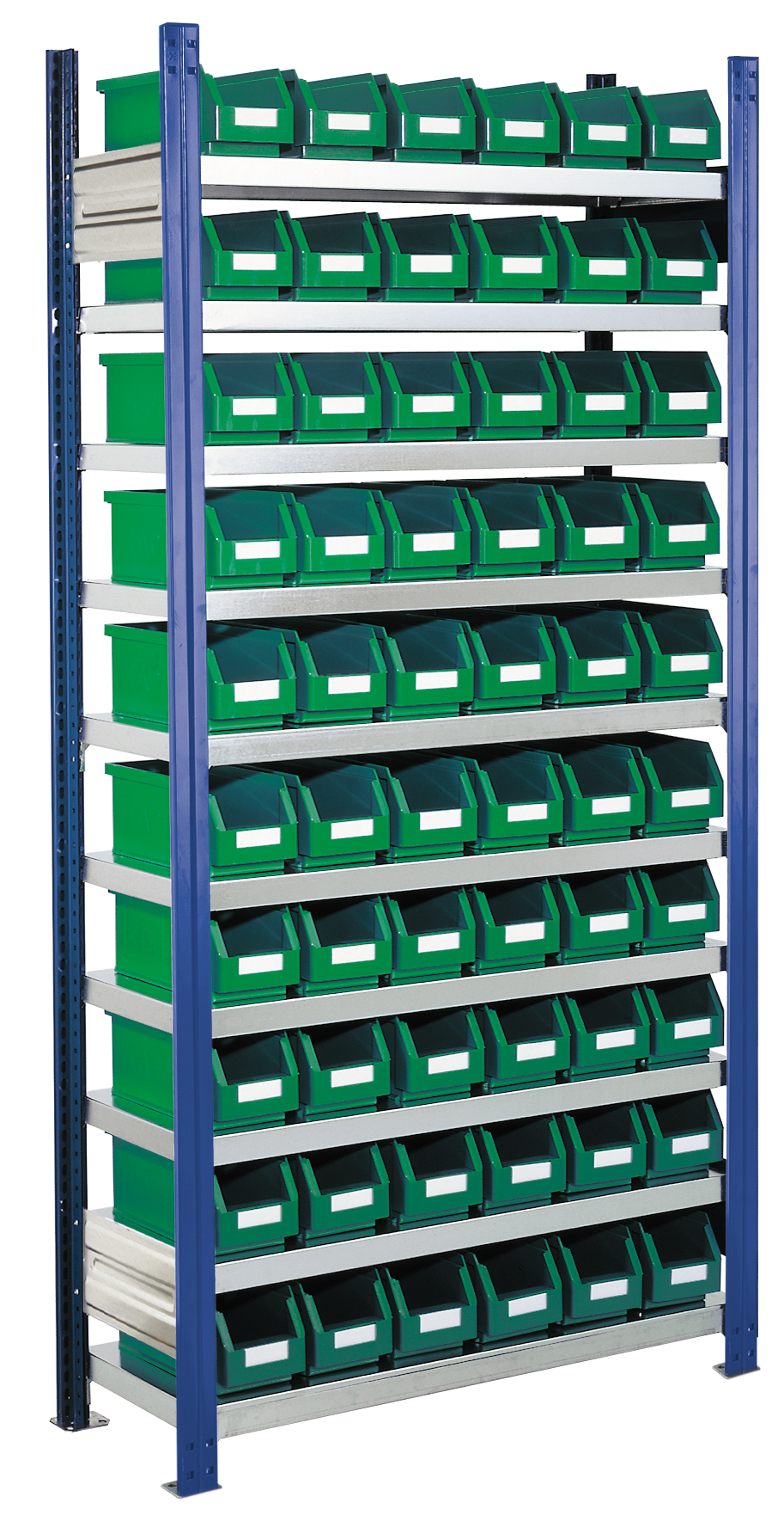 Das ®RasterPlan Steckregal Modell 10 von Kappes Systeme bietet mit 60 Lagersichtkästen und flexibler Anpassung eine effiziente Lagerlösung für Werkstätten und Lager.