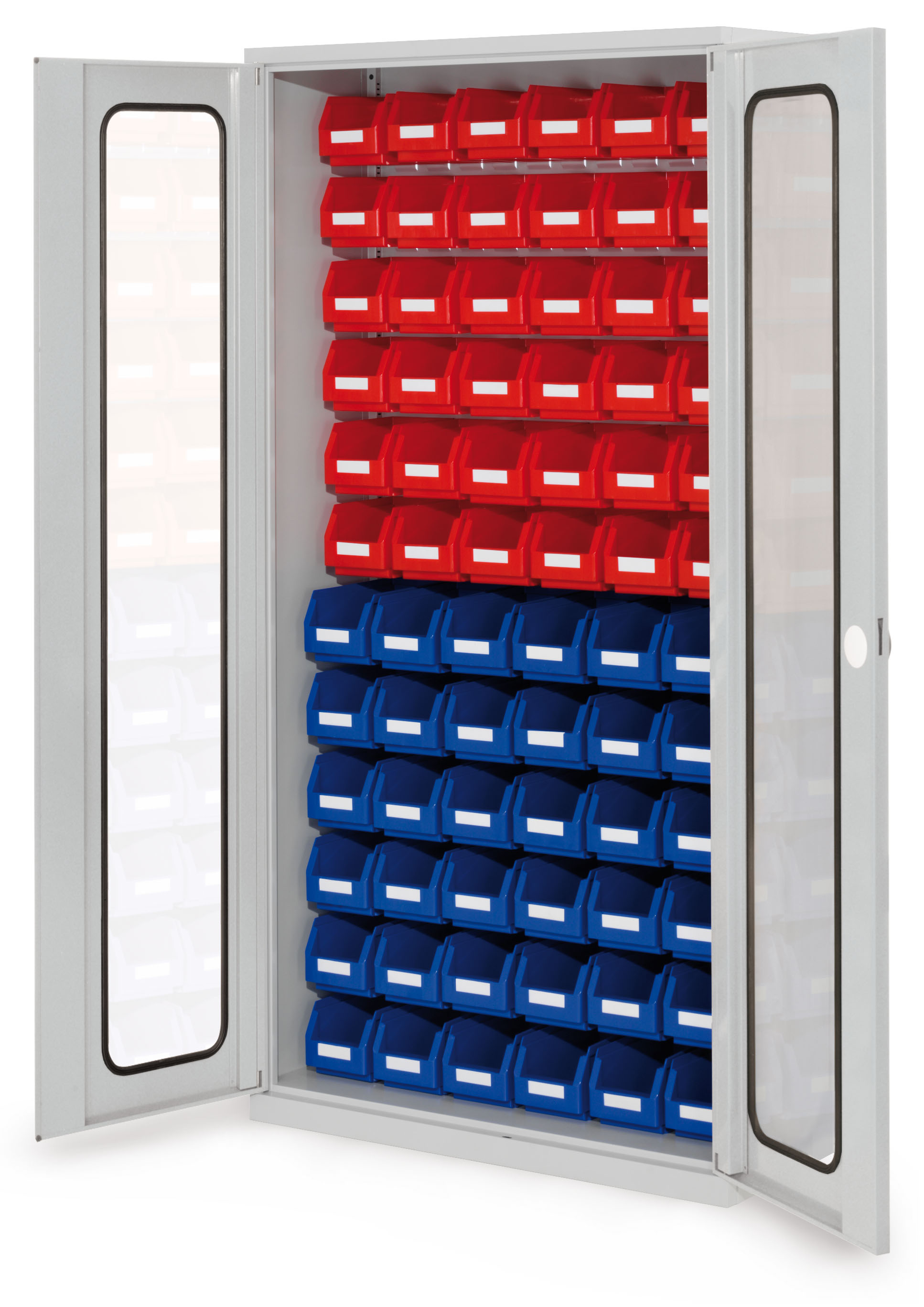 ®RasterPlan Schlitzplattenschrank H1950 x B 1000 x T 410 mm RAL 7035 Modell52 Sichtfenstertüren bestückt mit Lagersichtkasten 36 x Größe 5 36 x Größe 6.
