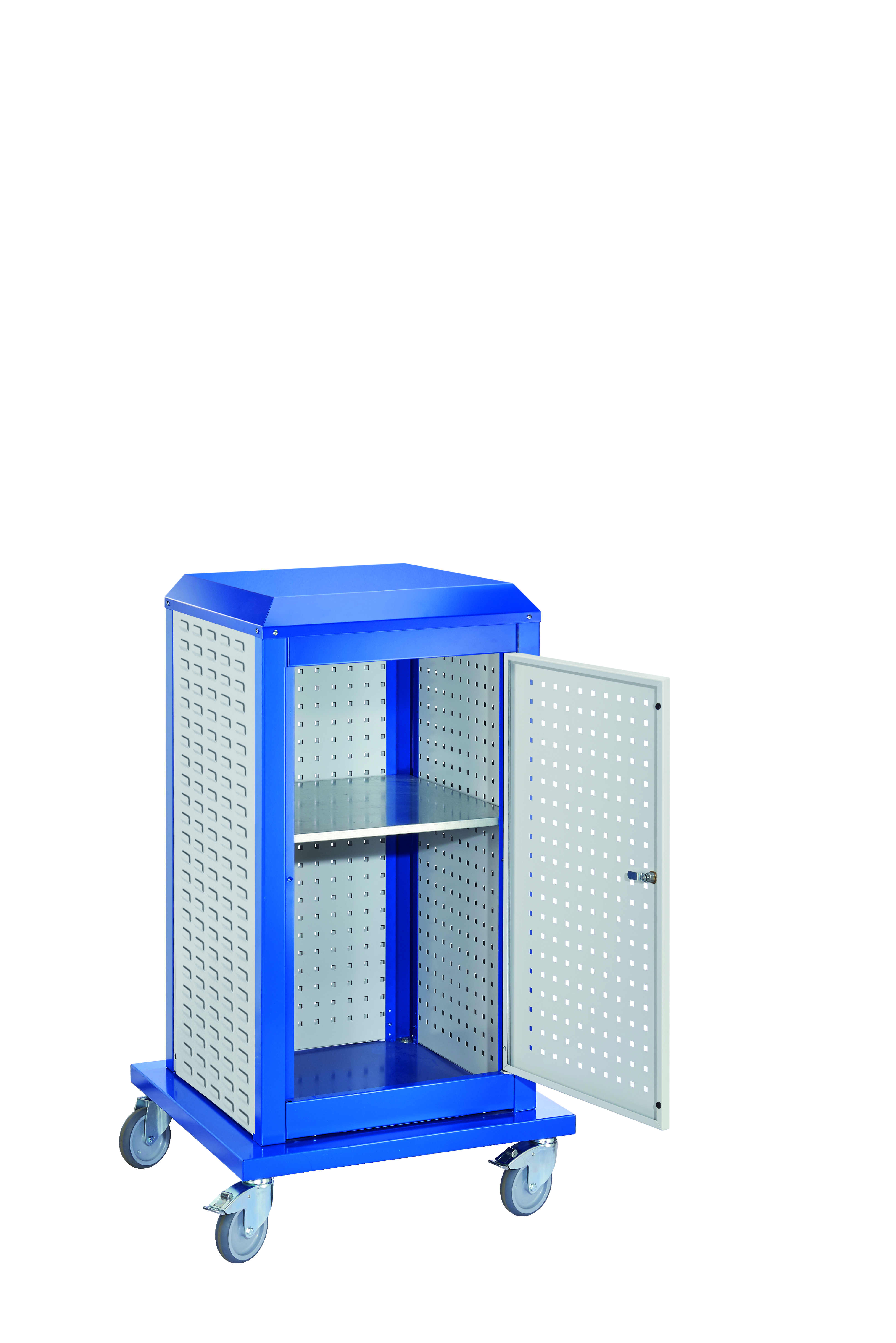 Der mobile ®RasterPlan ToolTower klein Mod 33 von Kappes Systeme: Flexibles Lagersystem mit anpassbaren Lochplatten, robustem Design und abschließbarer Tür.