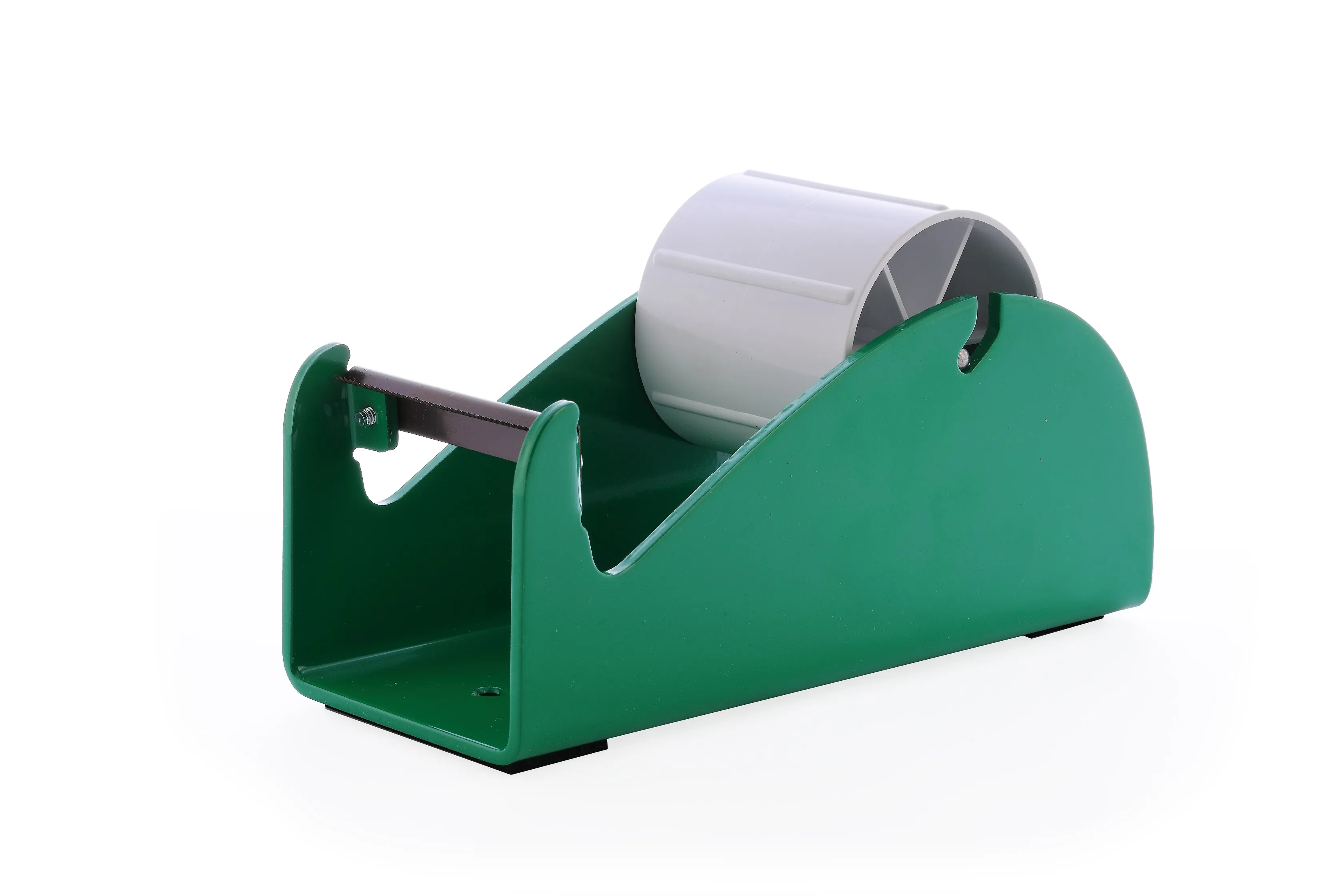 Grüner Tischabroller von Traydon für PVC- und PP-Klebebänder, robustes Metall, 145 mm Durchmesser, 75 mm Bandbreite, langlebige Klinge, vielseitige Befestigung.