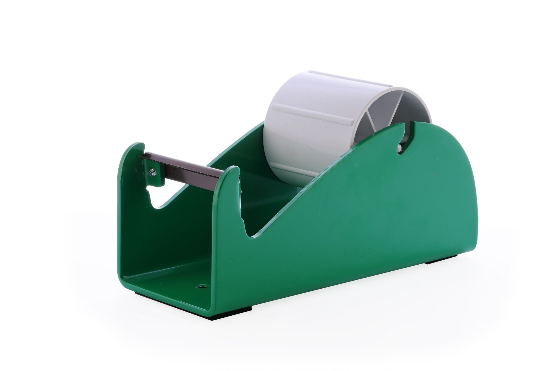 Grüner Tischabroller von Traydon für PVC- und PP-Klebebänder, robustes Metall, 145 mm Durchmesser, 75 mm Bandbreite, langlebige Klinge, vielseitige Befestigung.