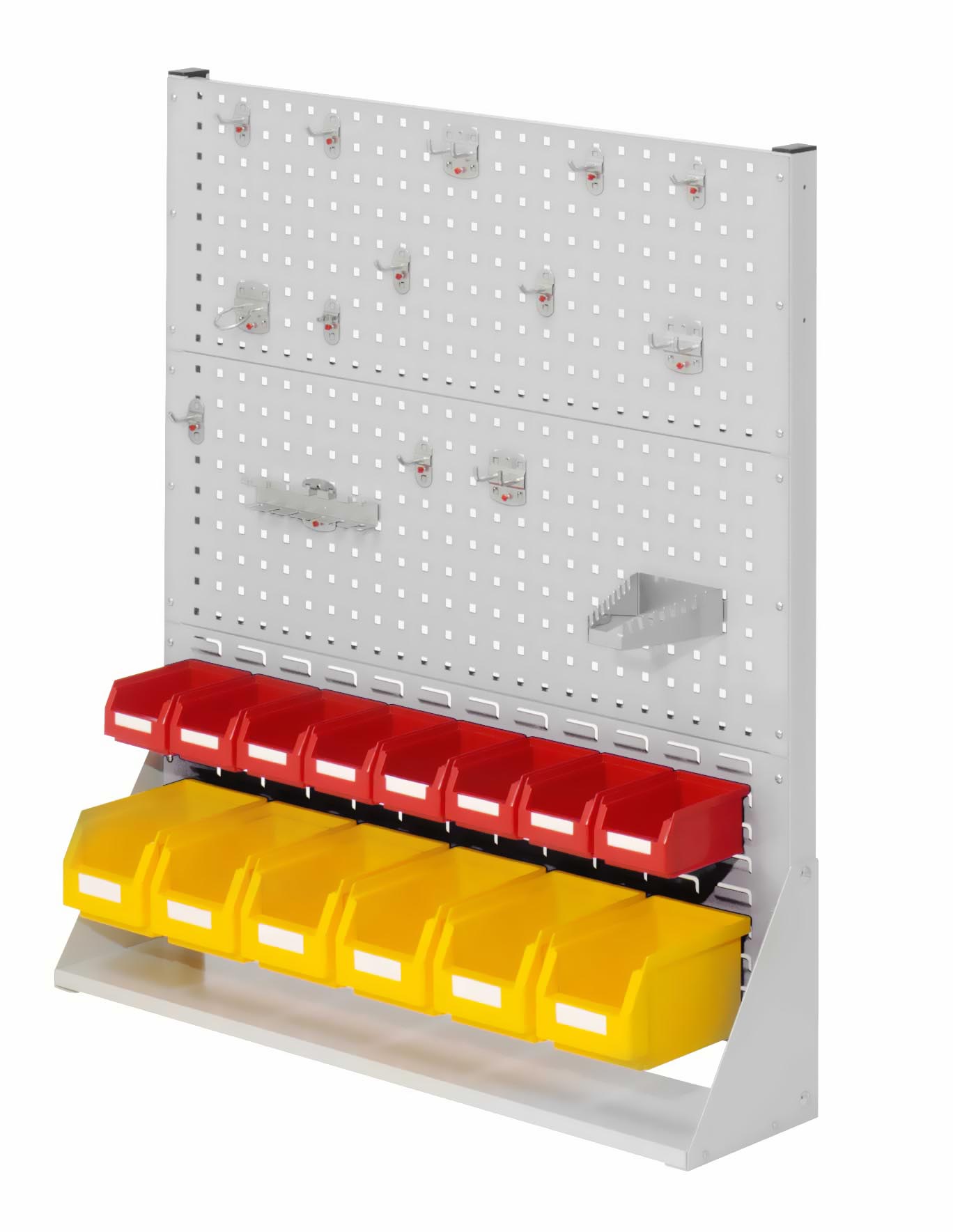 Einseitige ®RasterPlan Stellwand von Kappes Systeme, H1100 x B1000 x T240 mm, lichtgrau. Inkl. 15-teiligem Werkzeughalterset und 14 Lagersichtkästen. Ideal für flexible Arbeitsplatzorganisation.