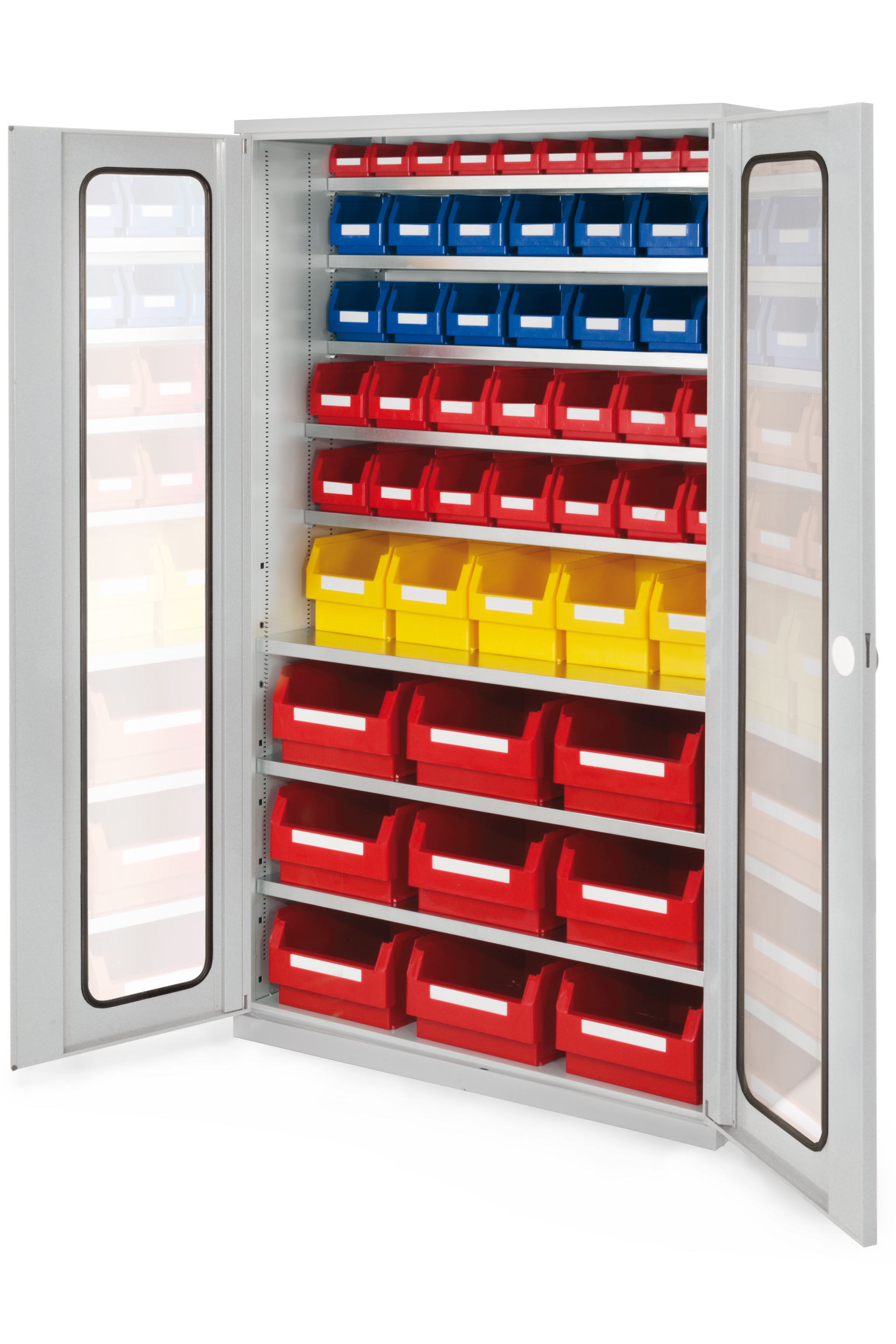 Großraumschrank Modell 14 RAL 7035 1950 x 1130 x 590 mm. Sichtfenstertüren inklusiv Lagersichtkasten 9 x Größe 2 5 x Größe 3 14 x Größe 5 14 x Größe 6 10 x Größe 7.