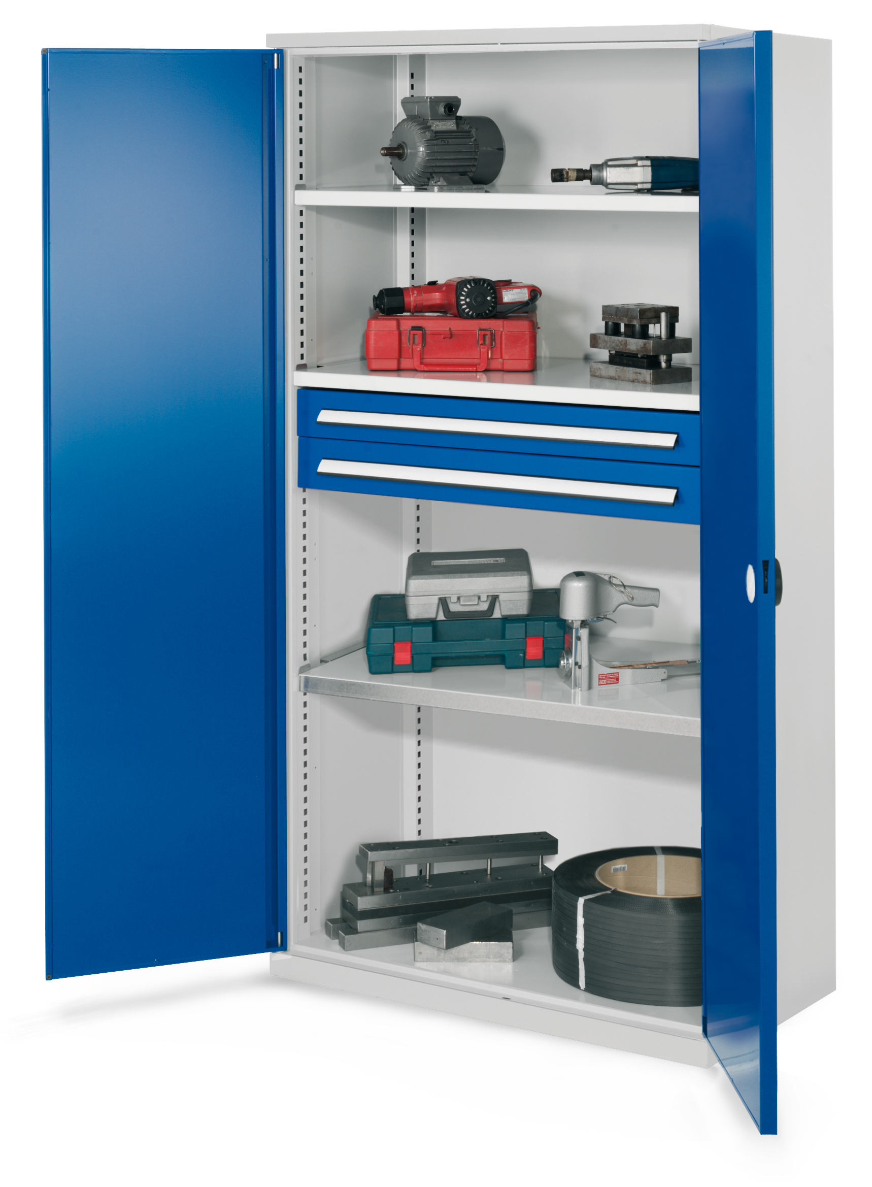 Der Schwerlastschrank Mod 45 von Kappes Systeme: Robuste Stahlkonstruktion, 1,65 Tonnen Tragkraft, flexible Fachböden, verstärkte Türen, ideal für Industrieausrüstung.