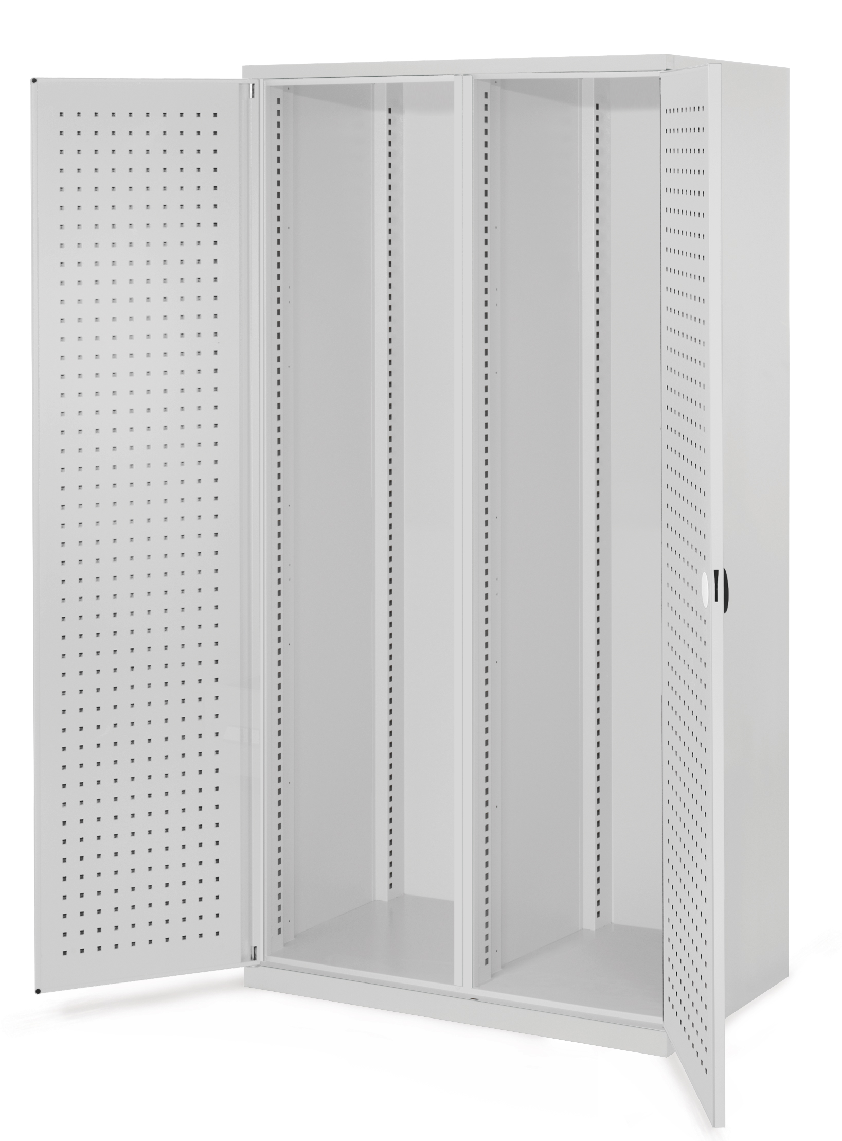 Schwerlastschrank Leergehäuse/ Mod 50 1950 x 1000 x 600 mm RAL 7035. Mit Mitteltrennwand Türinnenseite: ®RasterPlan Lochplatte