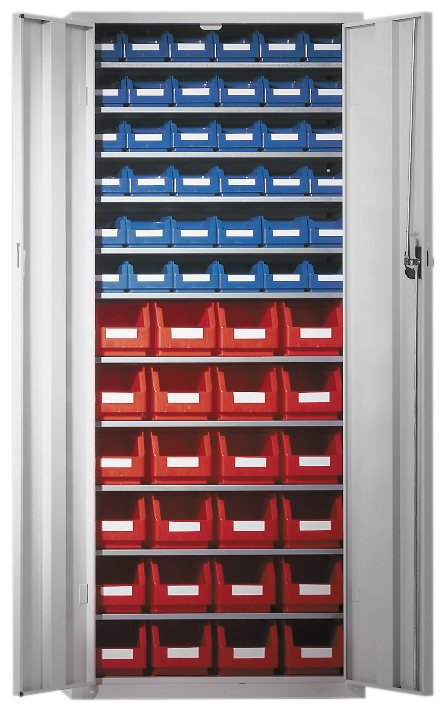 Ordnungsschrank Modell 21 von Kappes Systeme: Robuste Stahlkonstruktion, lichtgrau, mit 60 Lagersichtk?sten. T?ren ?ffnen ?ber 180? f?r leichten Zugang.