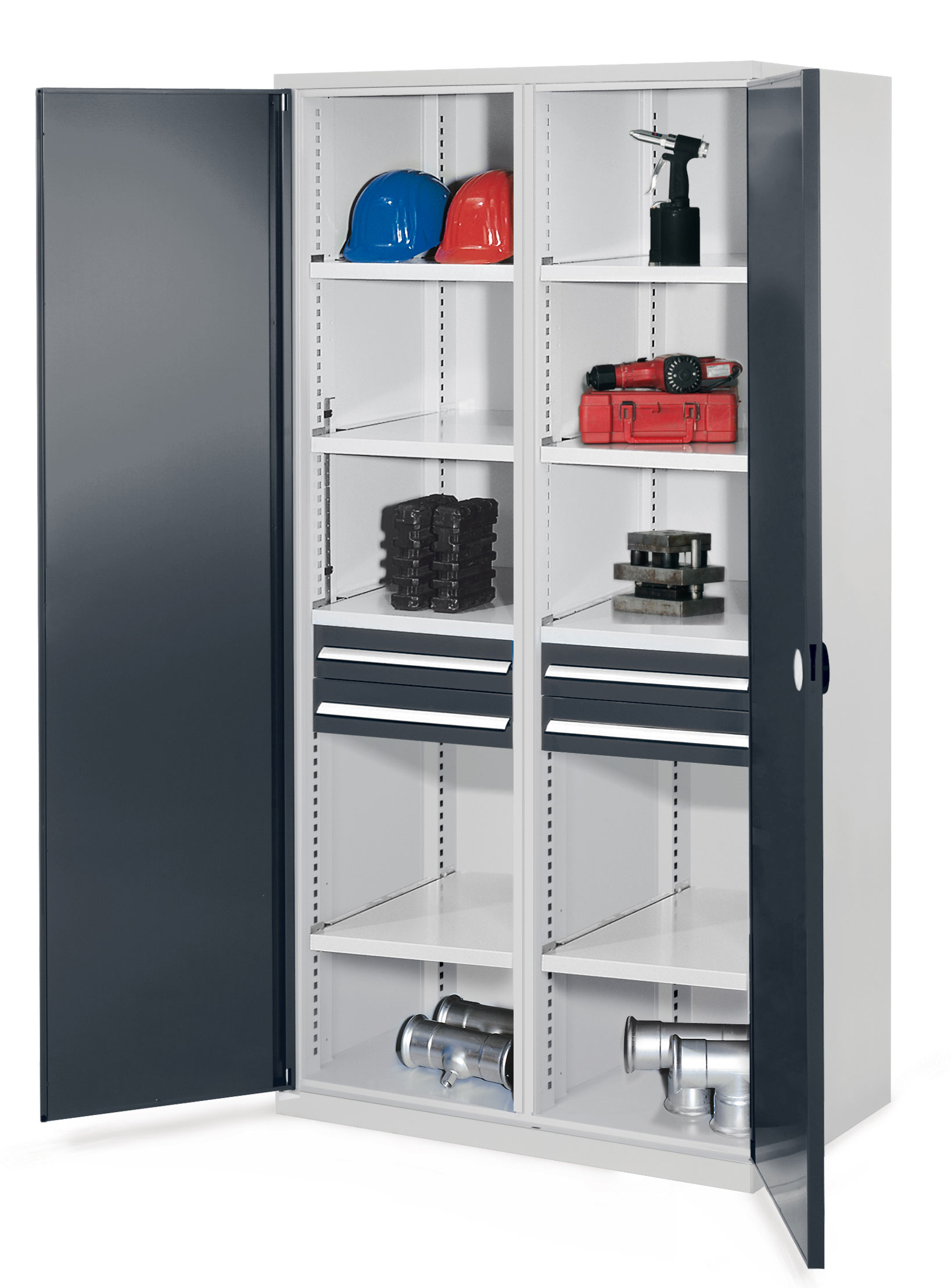 Schwerlastschrank von Kappes Systeme: Robuste Stahlkonstruktion mit Doppelwandtüren, 2 Schubladen, 8 Fachböden, 1,65 Tonnen Tragkraft, RAL 7035/7016.
