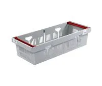 Grauer Blumentransportbehälter von Bekuplast, 1123x455x272 mm, aus robustem PP-C, nestbar, mit durchbrochenen Seiten für Belüftung und geschlossenem Boden.