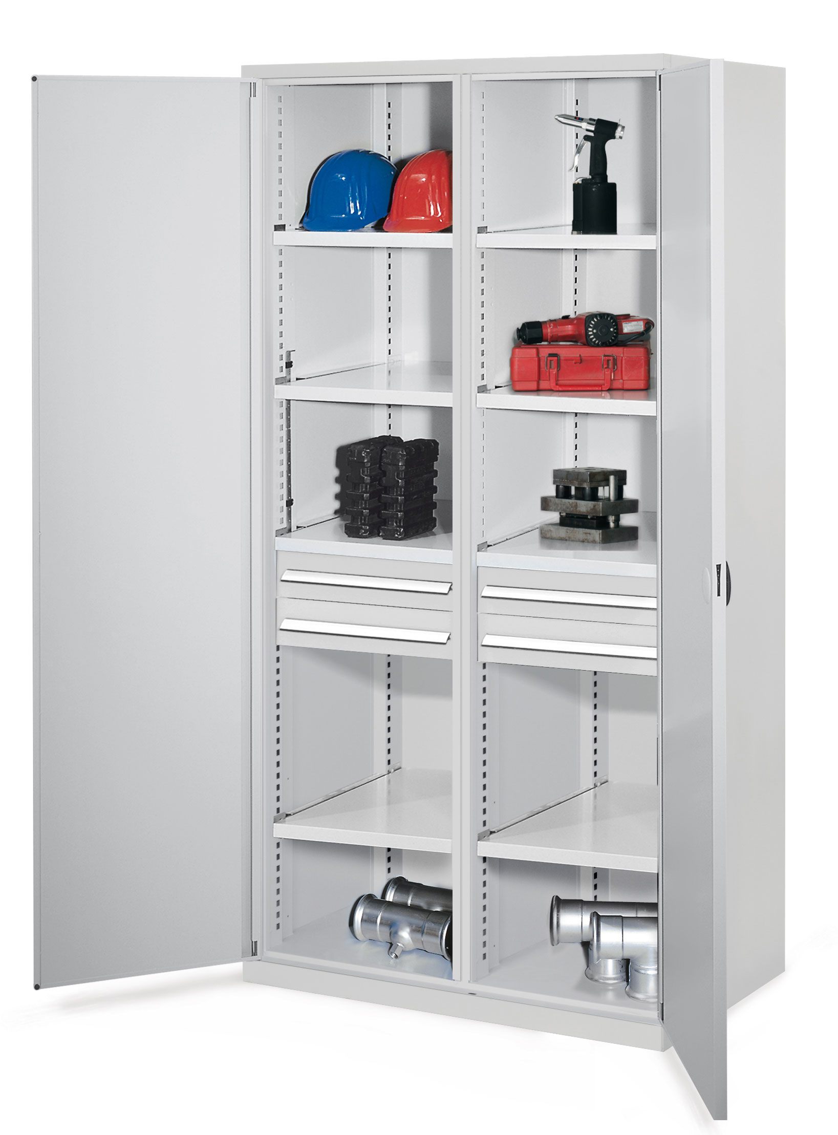 Schwerlastschrank mit Mitteltrennwand 1950 x 1000 x 600 mm Mod 56 RAL 7035. Doppelwandtüren 2 Schubladen H 100 mm 4 Fachböden links verzinkt 4 Fachböden rechts verzinkt.