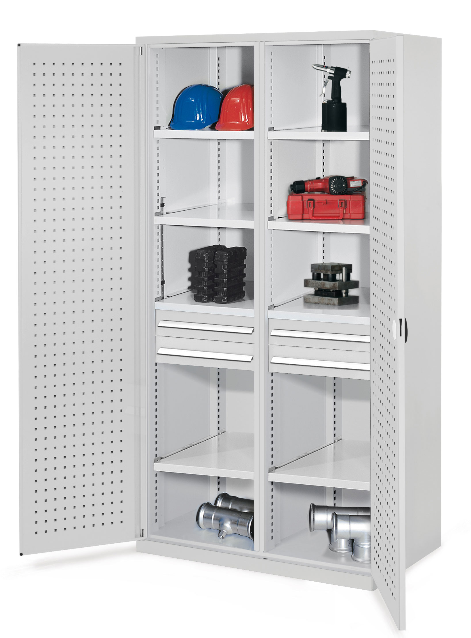 Schwerlastschrank von Kappes Systeme GmbH, lichtgrau, mit Mitteltrennwand, robustem Stahl, 2 Schubladen, 8 Fachböden, ideal für schwere Werkzeuge. Maße: 1950x1000x600 mm.