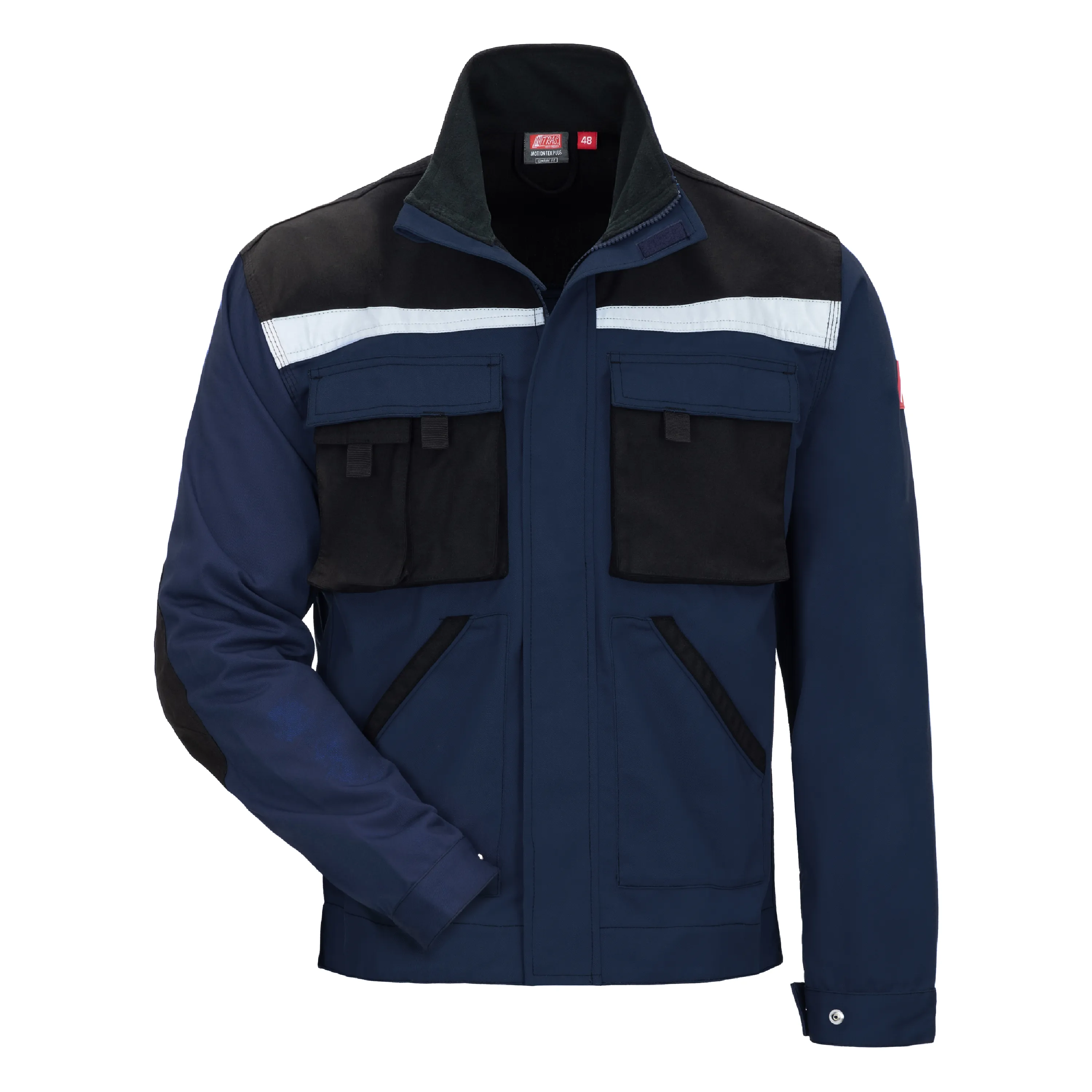 Die NITRAS MOTION TEX PLUS Arbeitsjacke in Marineblau/Schwarz bietet Komfort und Langlebigkeit mit atmungsaktivem Material, verstellbaren ?rmeln und robusten Verst?rkungen.
