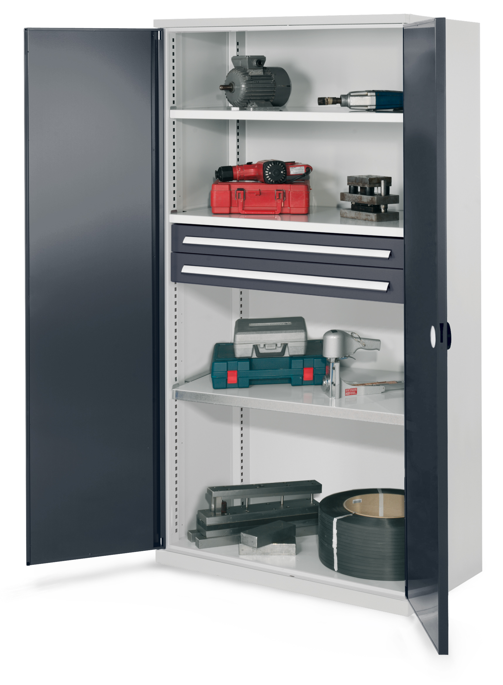 Schwerlastschrank von Kappes Systeme: Robuste Stahlkonstruktion, 1950x1000x600 mm, doppelwandige Türen, 3 Fachböden, 2 Schubladen, bis 1,65 Tonnen belastbar.