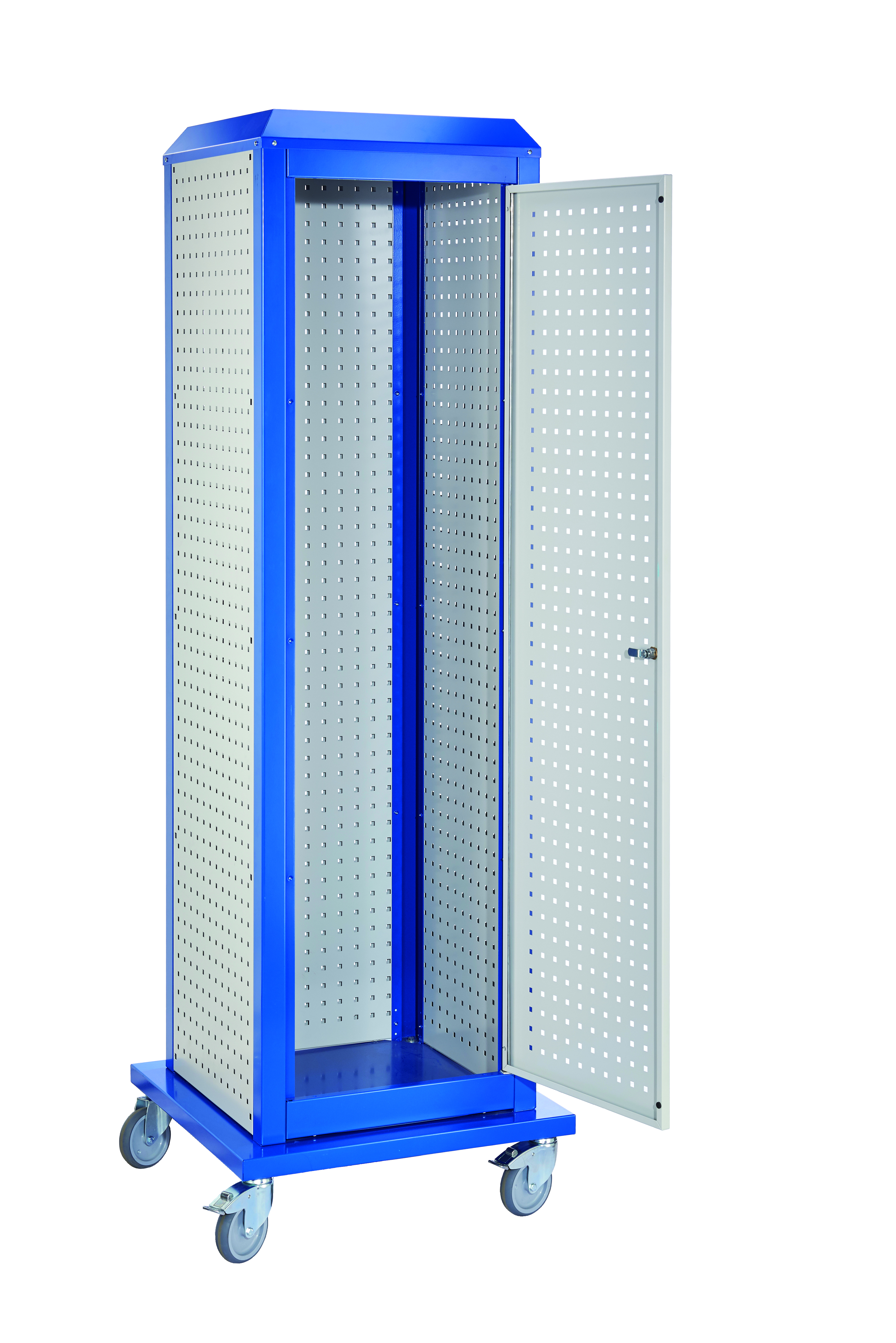 Der mobile RasterPlan ToolTower Modell 2 von Kappes Systeme bietet flexible Werkzeuglagerung in RAL 7035/5010, mit robustem Design und anpassbaren Optionen.