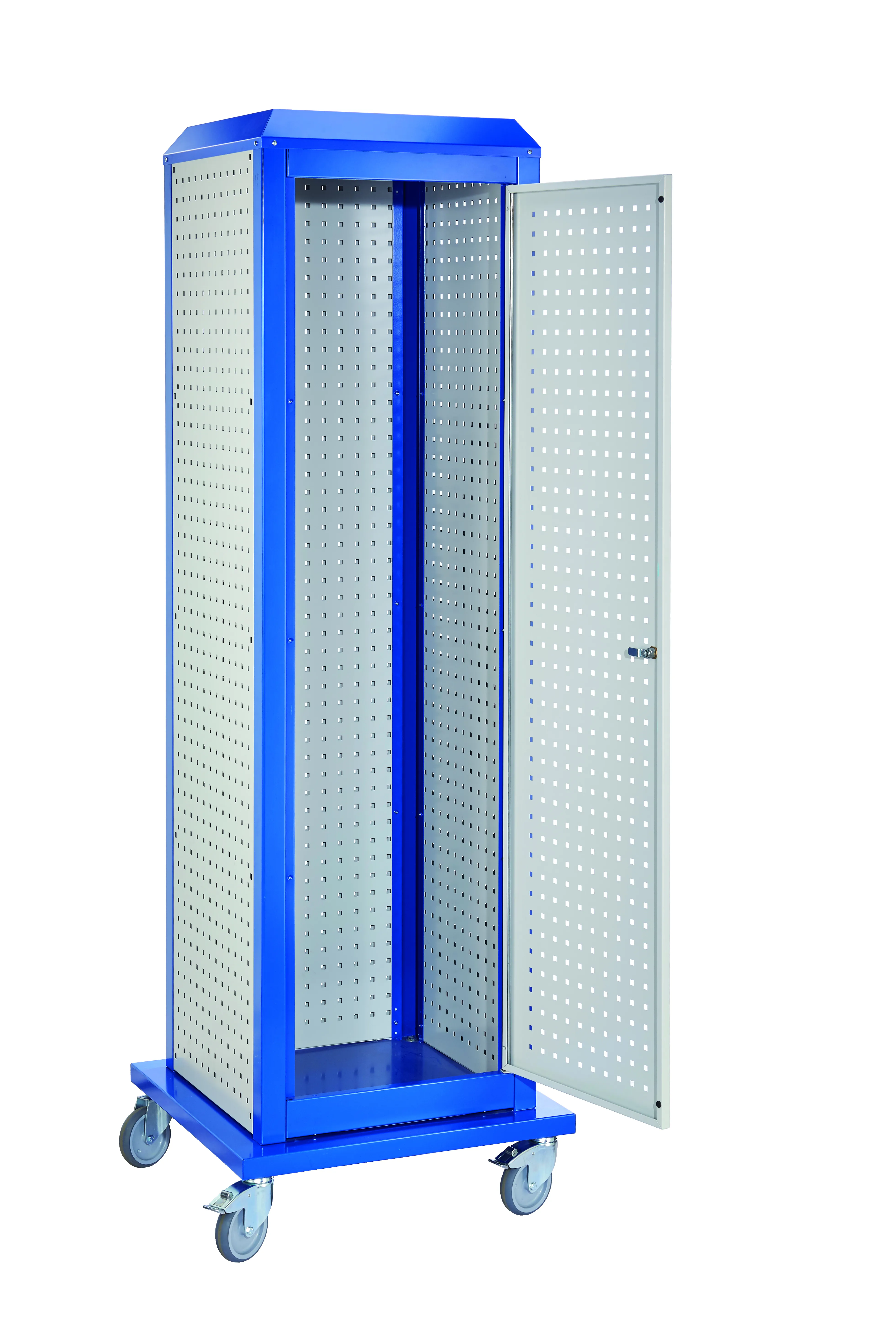Der mobile RasterPlan ToolTower Modell 2 von Kappes Systeme bietet flexible Werkzeuglagerung in RAL 7035/5010, mit robustem Design und anpassbaren Optionen.