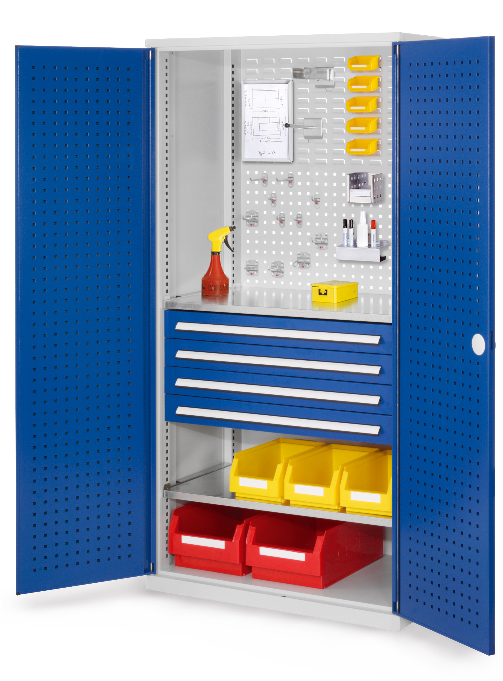 Der RasterPlan Schubladenschrank Modell 13 von Kappes Systeme GmbH in RAL 7035/5010 bietet robuste Lagerung mit Lochplatten, vier Schubladen und verzinkten Fachböden.