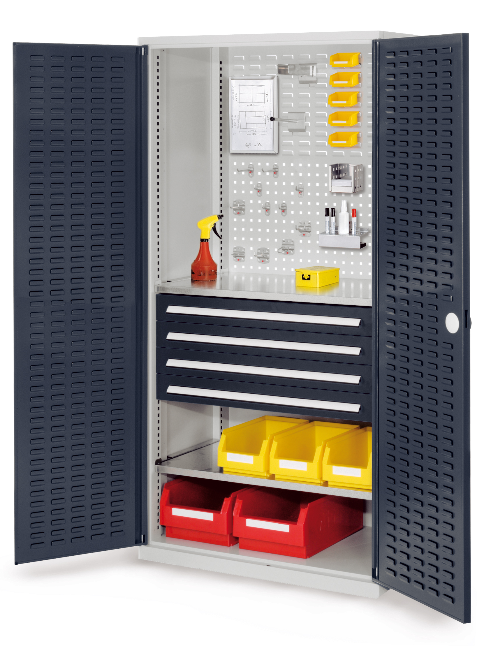 Der RasterPlan Schubladenschrank Modell 23 von Kappes Systeme bietet robuste Lagerung mit anpassbaren Schubladen und ergonomischem Design für Werkzeuge und Materialien.