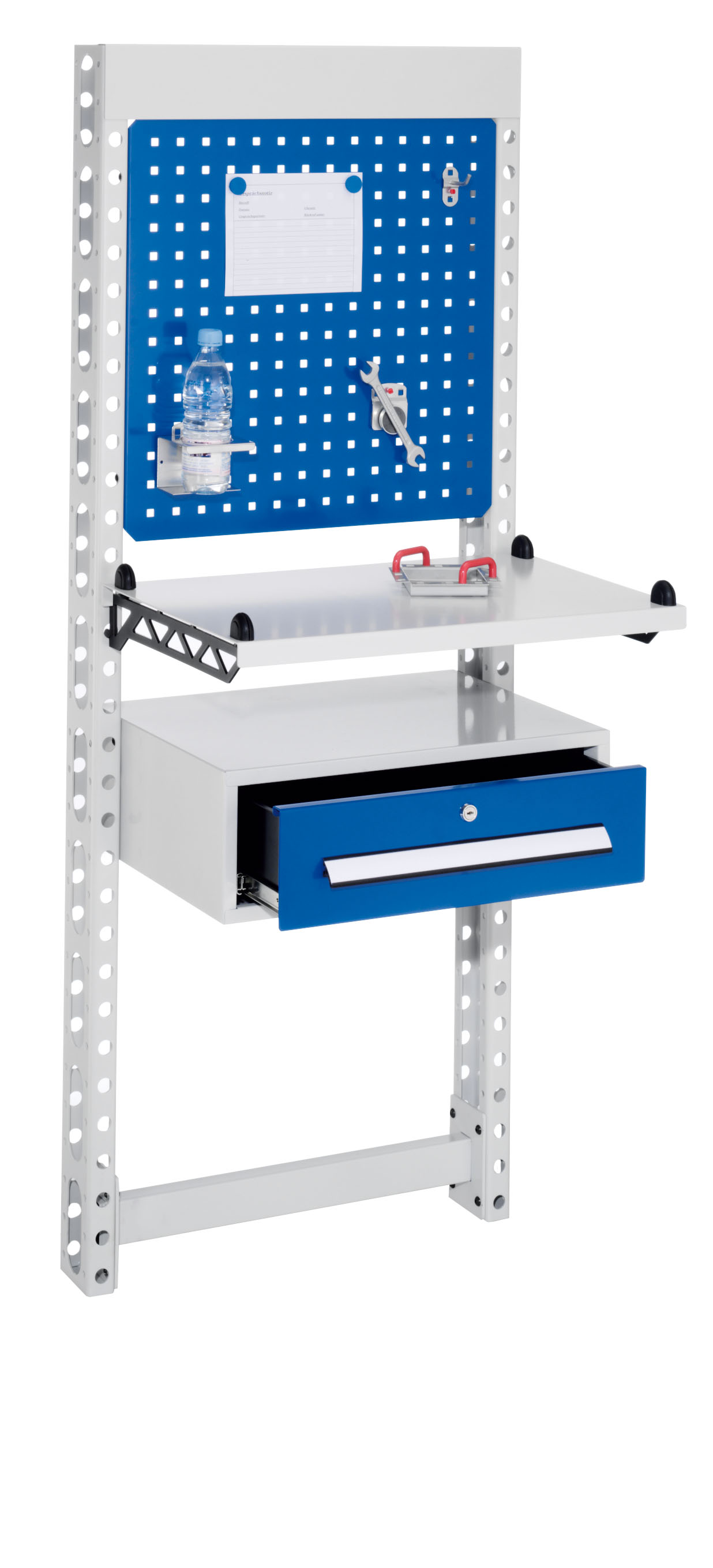 ErgoPlus Steharbeitsplatz Mod 1 H 1650 x B 670 mm RAL 7035/5010. Wandmodul einseitig ausgestattet mit: Infoleiste Infotafel Ablageboden 650 mm breit Schubladen 200 mm schmal.