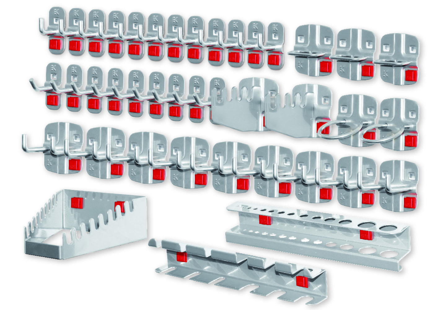Das ®RasterPlan/ABAX Werkzeughalter-Set von Kappes, 40-teilig in Alu-Optik, bietet flexible, werkzeuglose Montage für professionelle Werkzeugorganisation.
