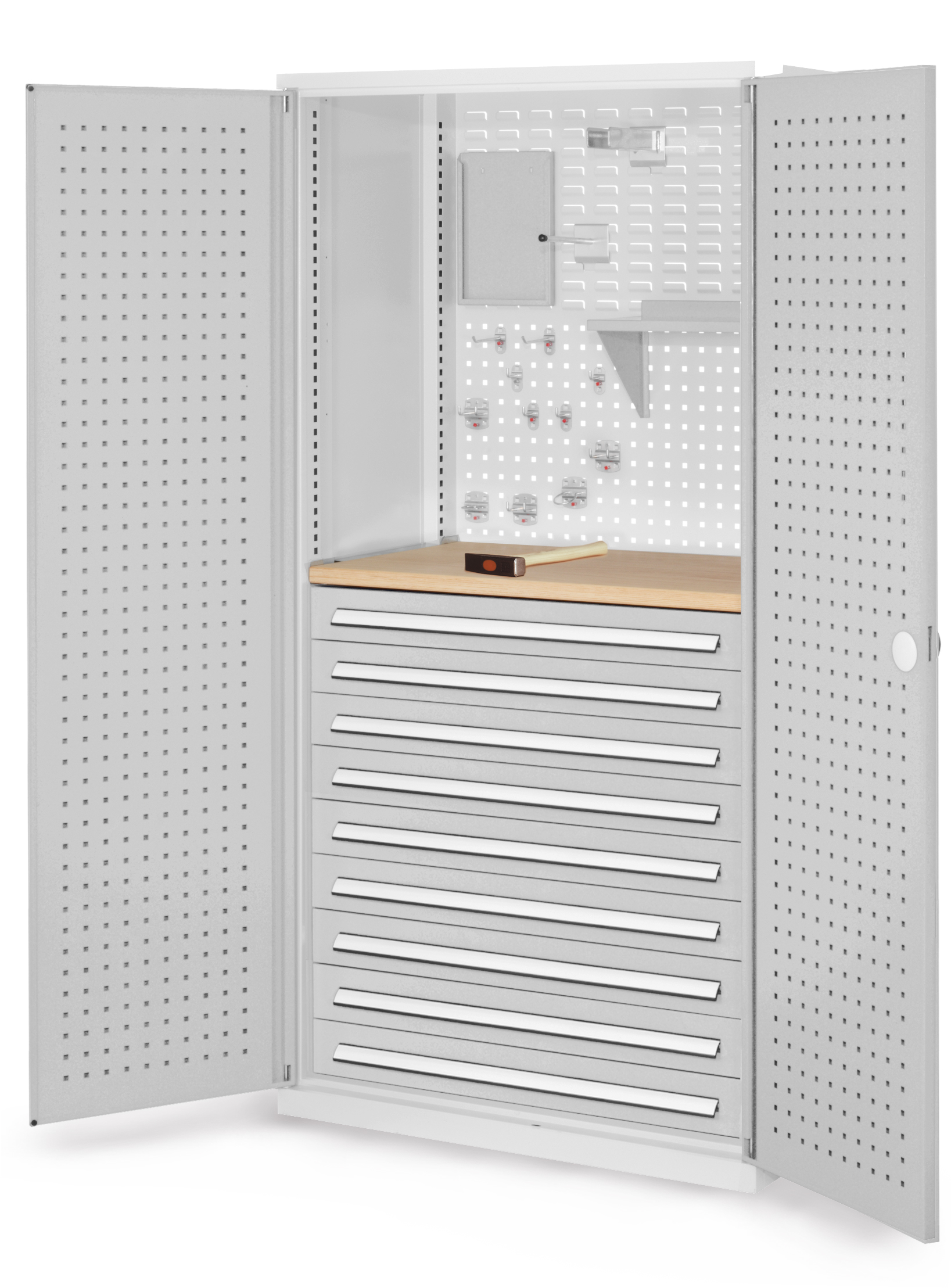 ®RasterPlan Schubladenschrank Modell 17 RAL 7035. Türinnenseite: Lochplatten 1950 x 1000 x 600 mm 9 Schubladen H 100 mm 1 Werkbankplatte Multiplex.