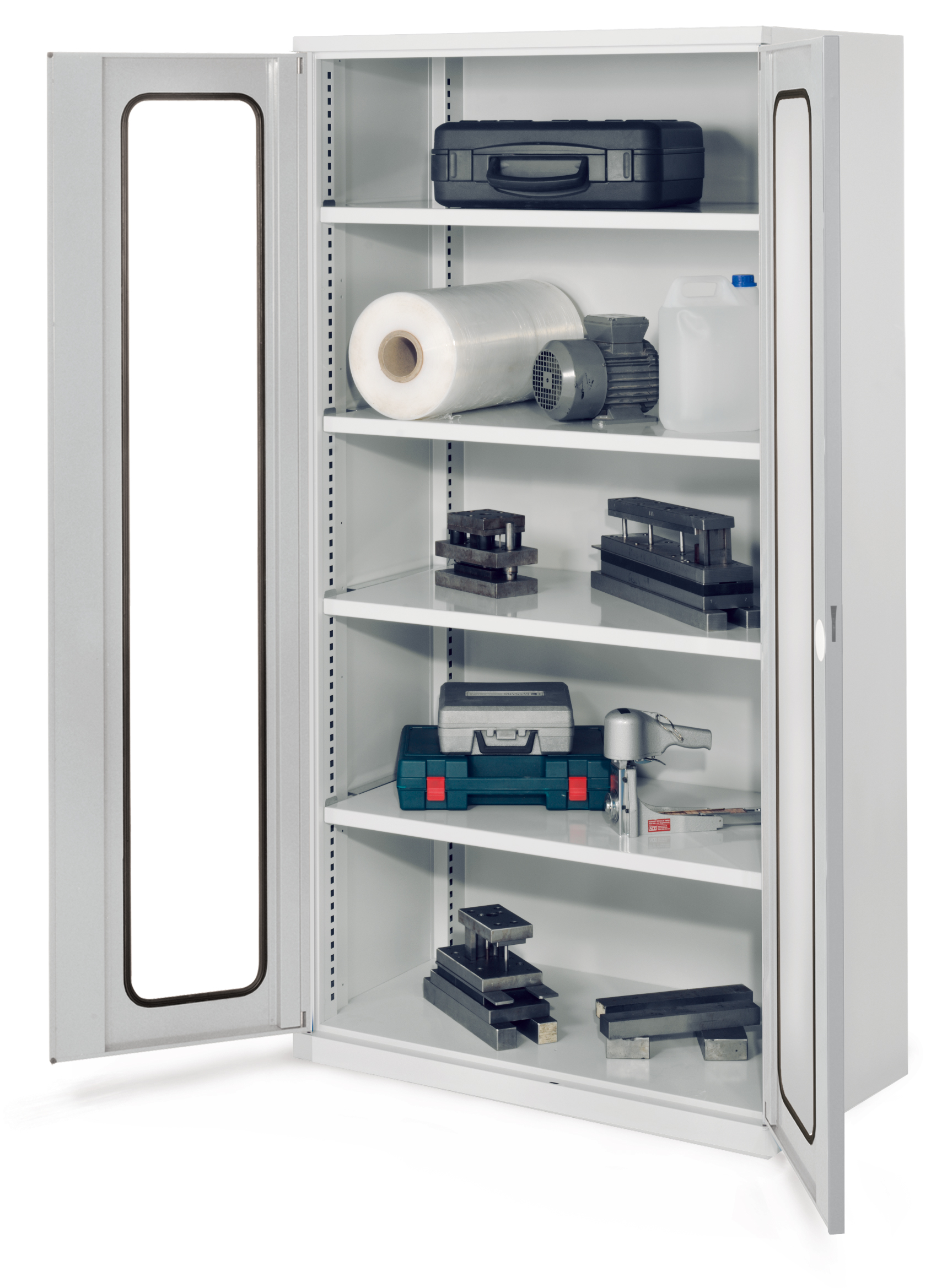 Schwerlastschrank ohne Mitteltrennwand 1950 x 1000 x 600 mm Mod 41 RAL 7035. Sichtfenstertür 4 Fachböden verzinkt.