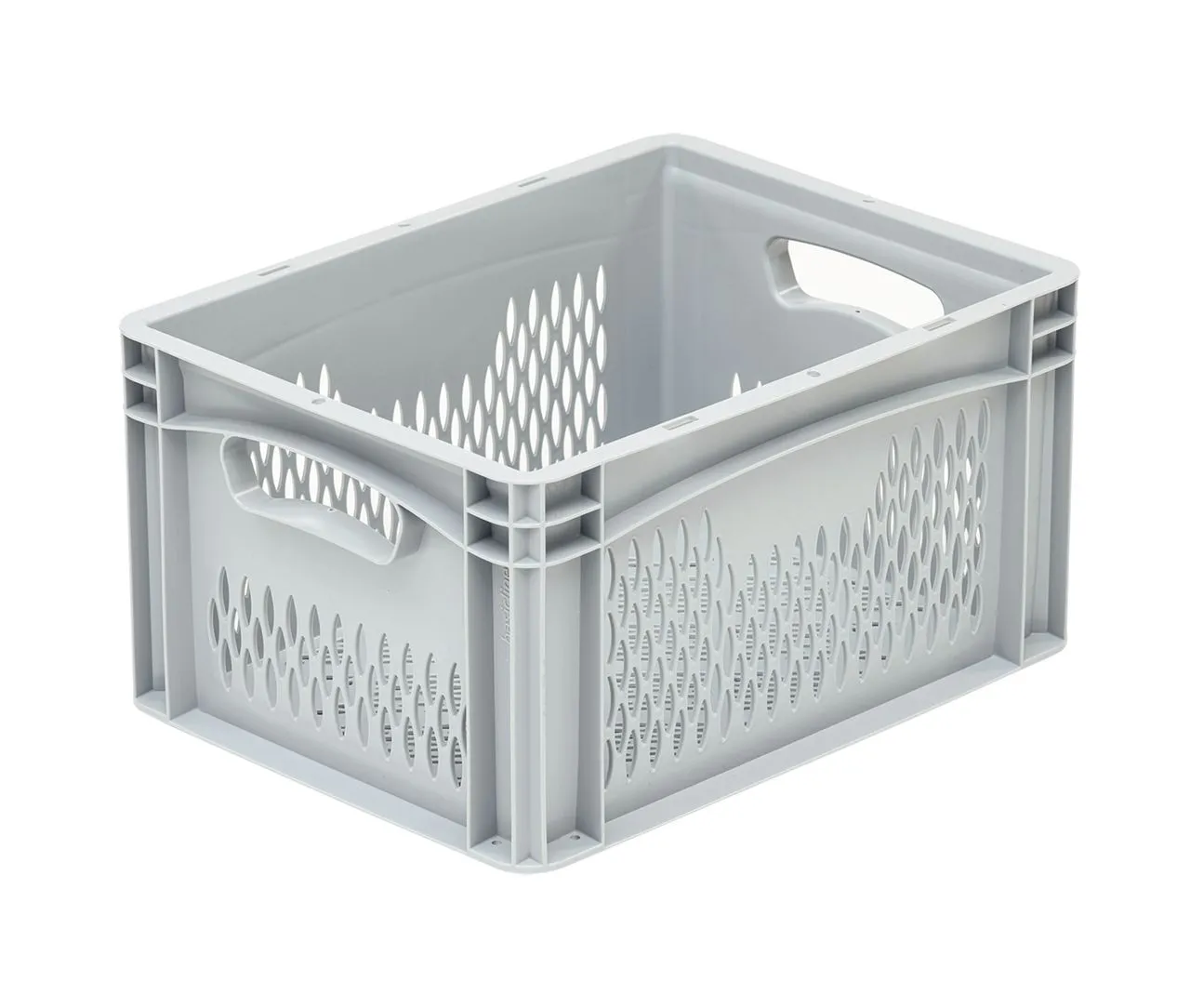 Der graue Basicline-Behälter von Bekuplast (19,8 l) bietet durchbrochene Seiten für Luftzirkulation, offene Griffe und robuste Stabilität für vielseitige Aufbewahrung.