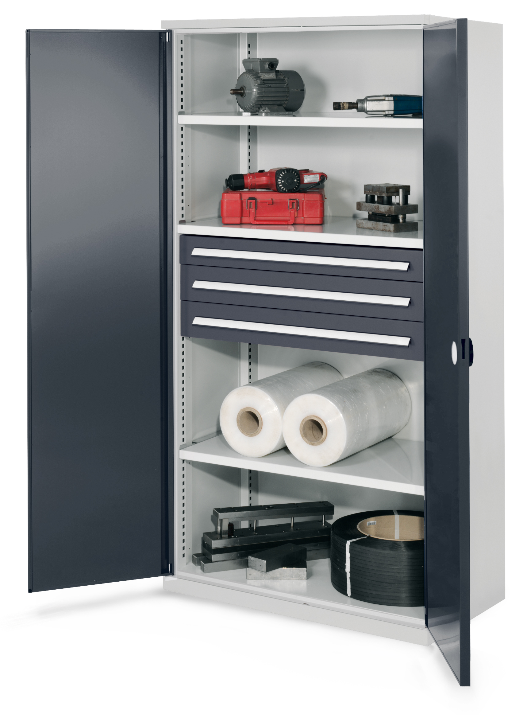 Der Schwerlastschrank von Kappes Systeme GmbH bietet robuste Stahlkonstruktion, doppelwandige Türen und verstellbare Fachböden für bis zu 1,65 Tonnen Last.