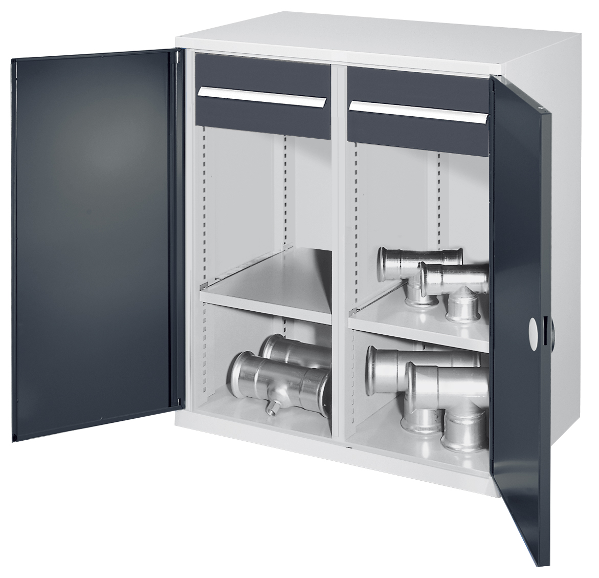 Schwerlast-Beistellschrank Modell 76 von Kappes Systeme: Robuste Stahlkonstruktion, 1,65 Tonnen Belastbarkeit, verstellbare Fachböden, verstärkte Türen, RAL 7035/7016.