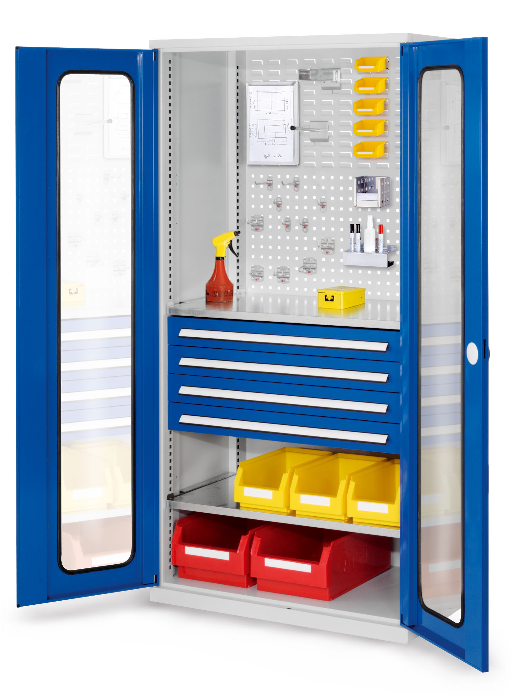 ®RasterPlan Schubladenschrank Modell 33 RAL 7035/5010. Sichtfenstertür. 1950 x 1000 x 600 mm 4 Schubladen H 100 mm 2 Fachböden verzinkt.