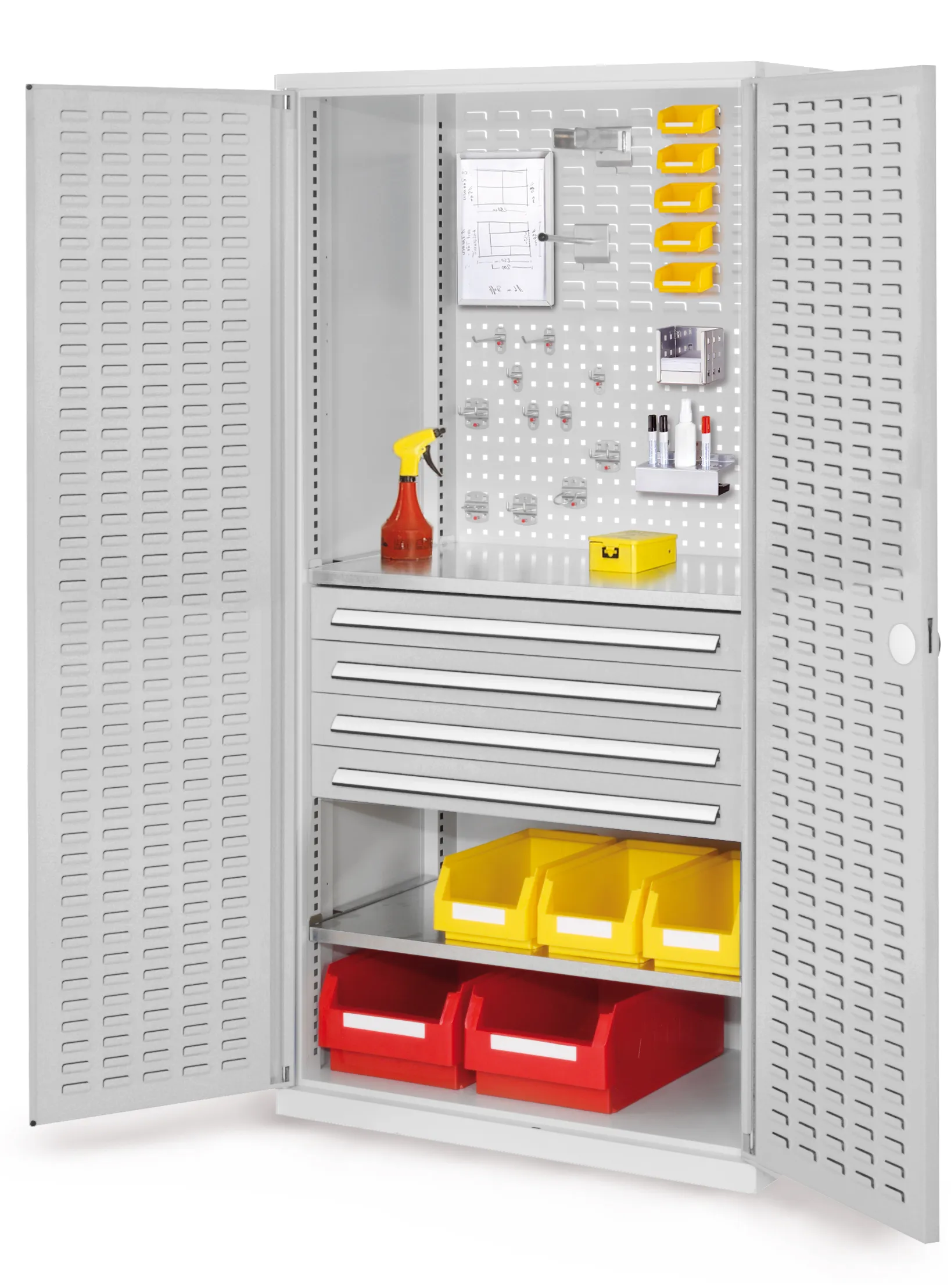 Produktbild des RasterPlan Schubladenschranks Modell 23 von Kappes Systeme GmbH, RAL 7035, mit robustem Stahlblech, 4 Schubladen und Sicherheitszylinderschloss.