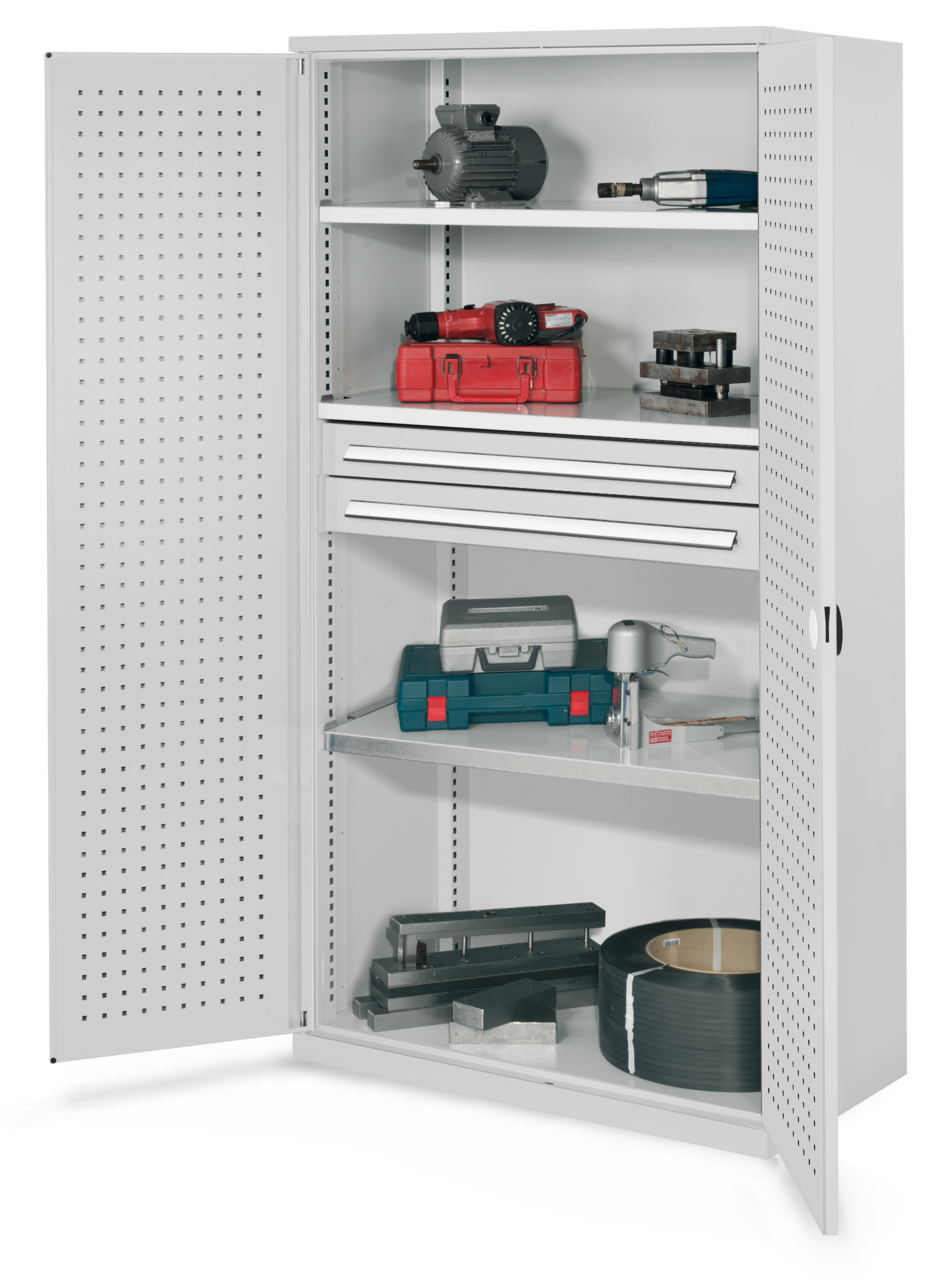 Schwerlastschrank Mod 45 von Kappes Systeme: Robuste Stahlkonstruktion, 1,65 Tonnen Tragkraft, lichtgraue Beschichtung, flexible Lagerung mit Schubladen und Fachböden.