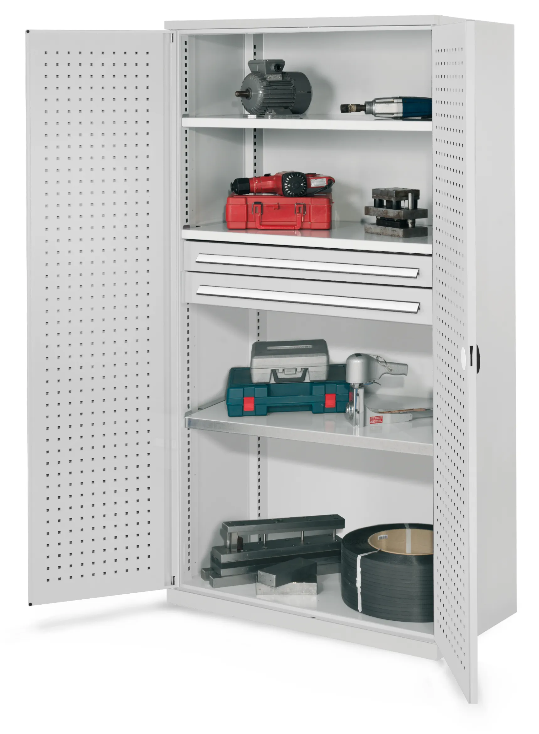 Schwerlastschrank Mod 45 von Kappes Systeme: Robuste Stahlkonstruktion, 1,65 Tonnen Tragkraft, lichtgraue Beschichtung, flexible Lagerung mit Schubladen und Fachb?den.