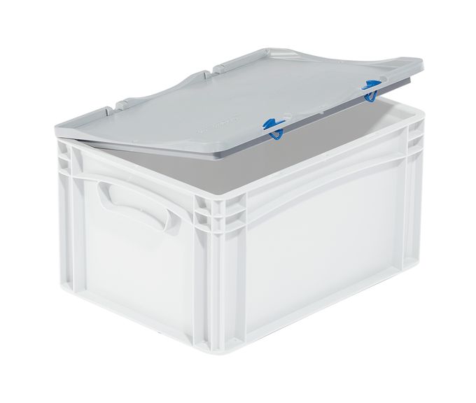 Der Scharnierdeckel lightline/basicline von Bekuplast, 600 x 400 mm, aus robustem PP-C, wiegt 635 g und bietet mit grauen Scharnieren sicheren Schutz.