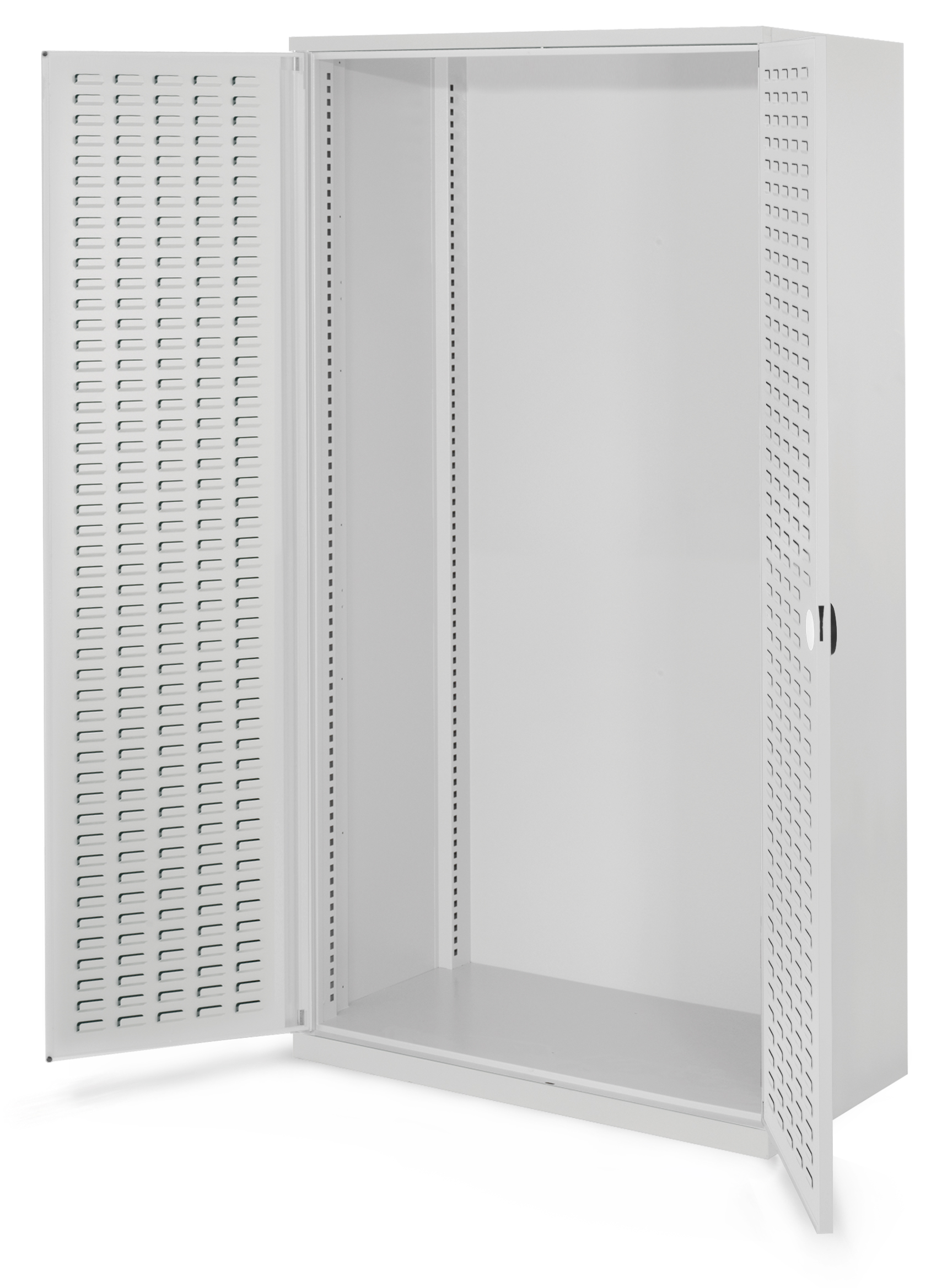 Schwerlastschrank Leergehäuse/Mod 40 1950 x 1000 x 600 mm RAL 7035. Ohne Mitteltrennwand Türinnenseite: ®RasterPlan Schlitzplatte.
