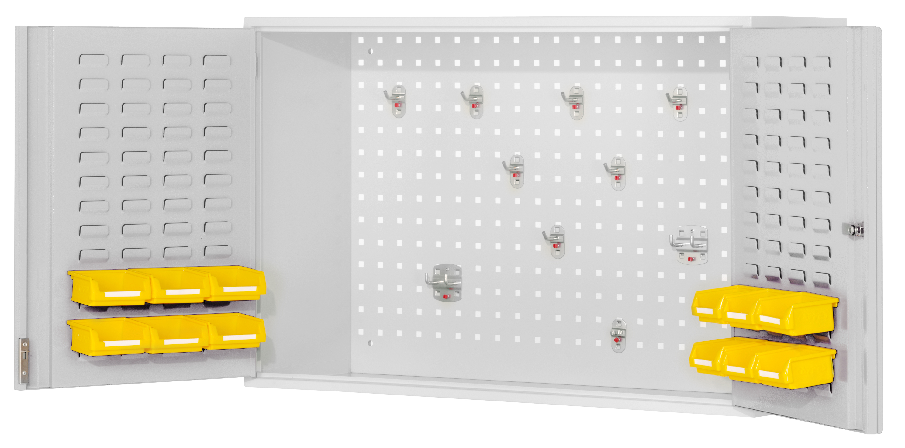 Der RasterPlan Hängeschrank Modell 20 von Kappes Systeme GmbH ist ein robuster, abschließbarer Stahlschrank in Lichtgrau, ideal für platzsparende Werkzeugaufbewahrung.
