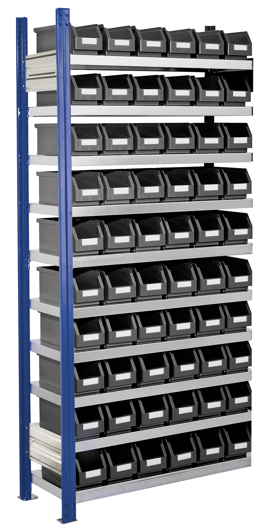 Das ®RasterPlan Steckregal Modell 11 von Kappes Systeme GmbH bietet mit 60 Lagersichtkästen und verstellbaren Böden eine flexible, robuste Lagerlösung in enzianblau.