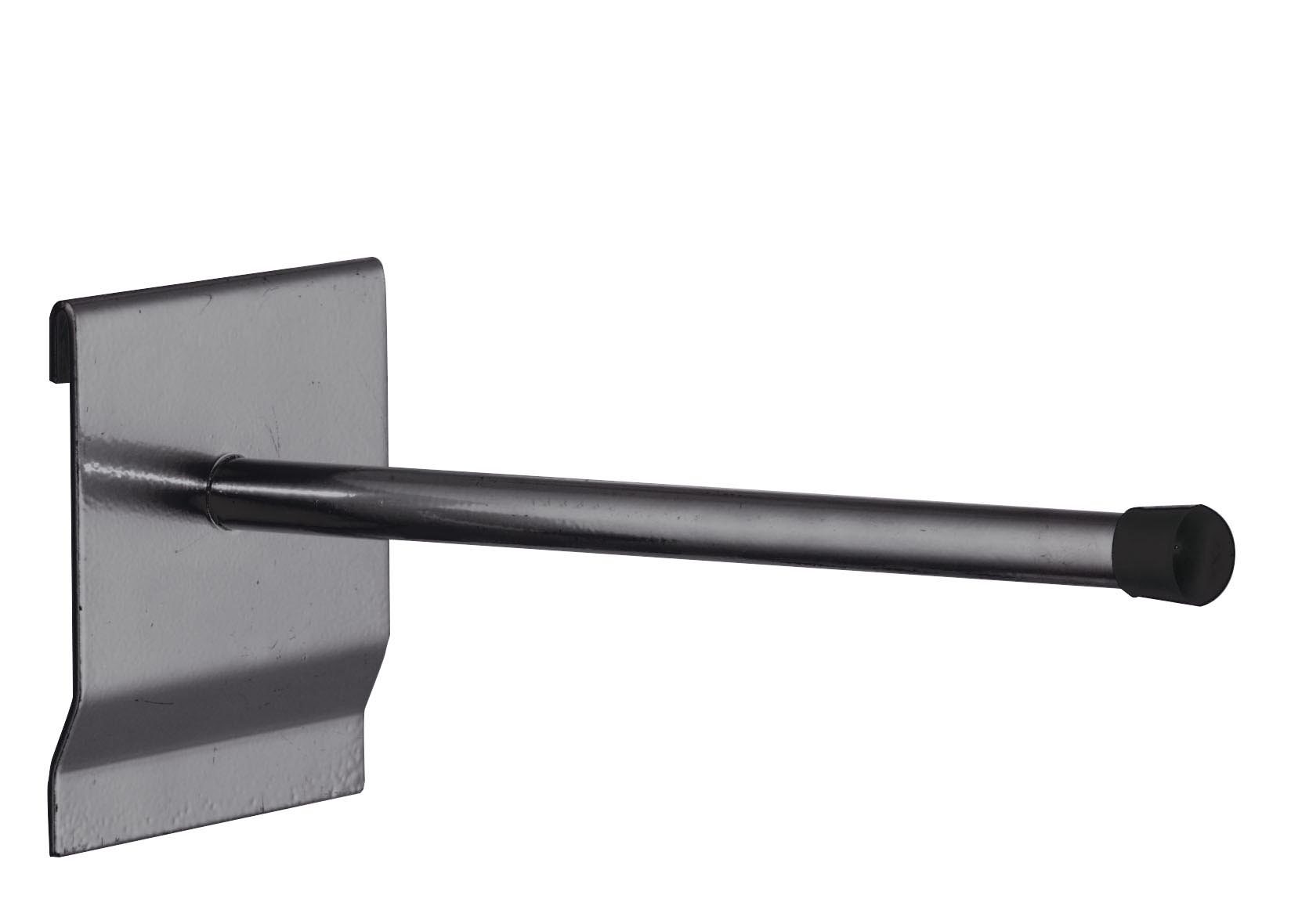 Der anthrazitgraue RasterPlan Universalhalter (300 mm) bietet flexible Befestigungslösungen für Schlitzplattensysteme, robust und langlebig für industrielle Anwendungen.