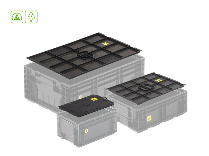 ESD VDA KLT Lid – Conductive drop-on lid for VDA small load carriers in 300x200 mm, 400x300 mm and 600x400 mm – Full ESD protection according to VDA 4500/4504